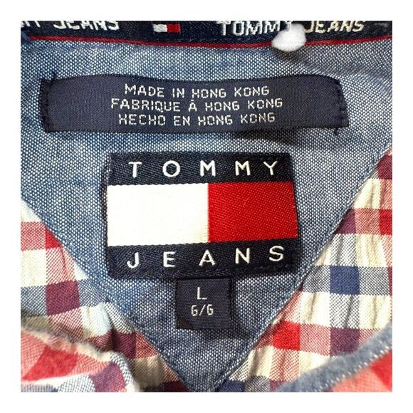 Tommy Jeans Mens Short Sleeve Button-Down Shirt Red & Blue Plaid Size L Vintage - Picture 4 of 5